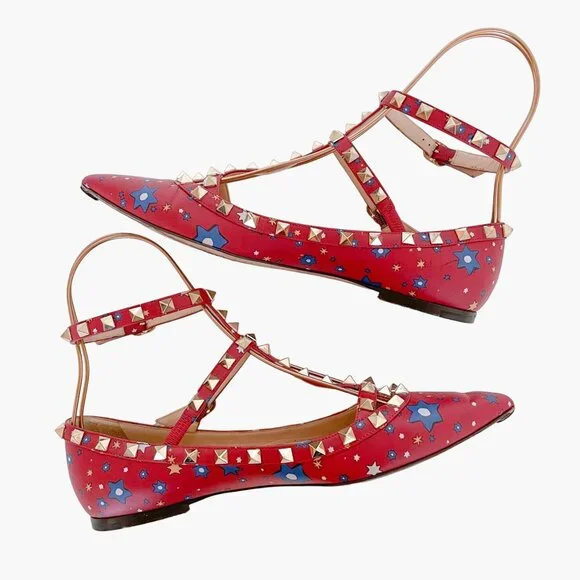 Valentino Garavani Rockstud Caged Flats EU 37.5 US 7.5 Red Stars Studded Ballet - Picture 8 of 13